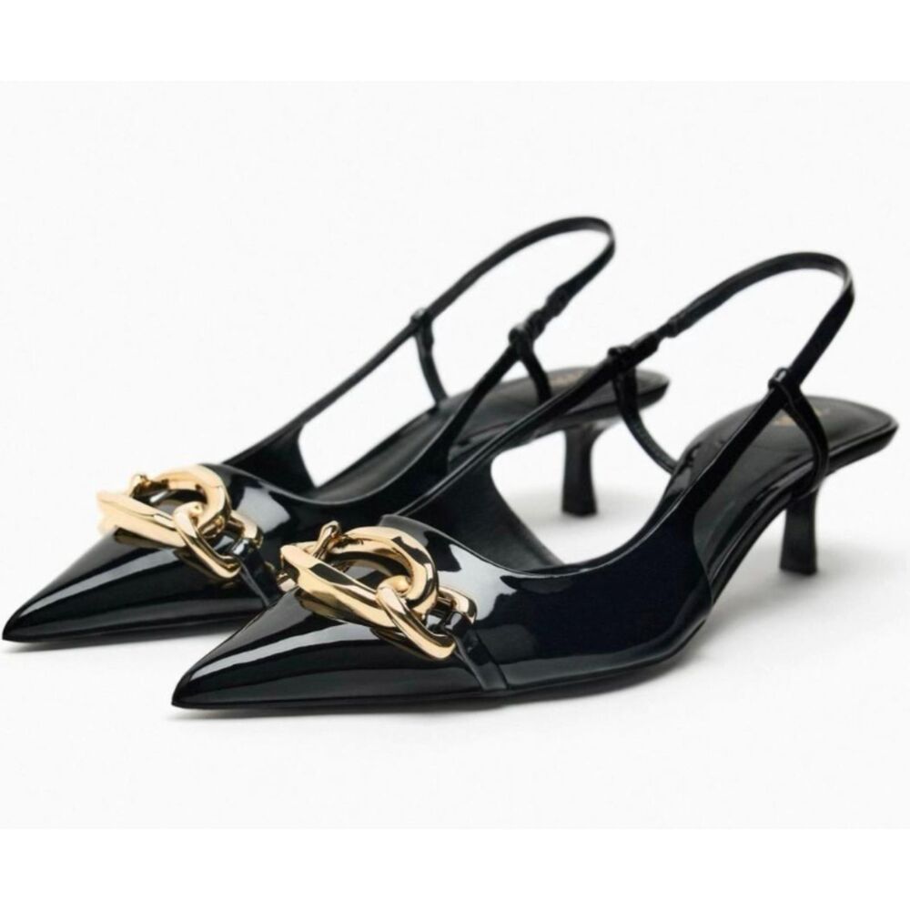 Zara Collection Black Patent Leather Slingback Kitten Heels Size EU 40 US 9 NEW